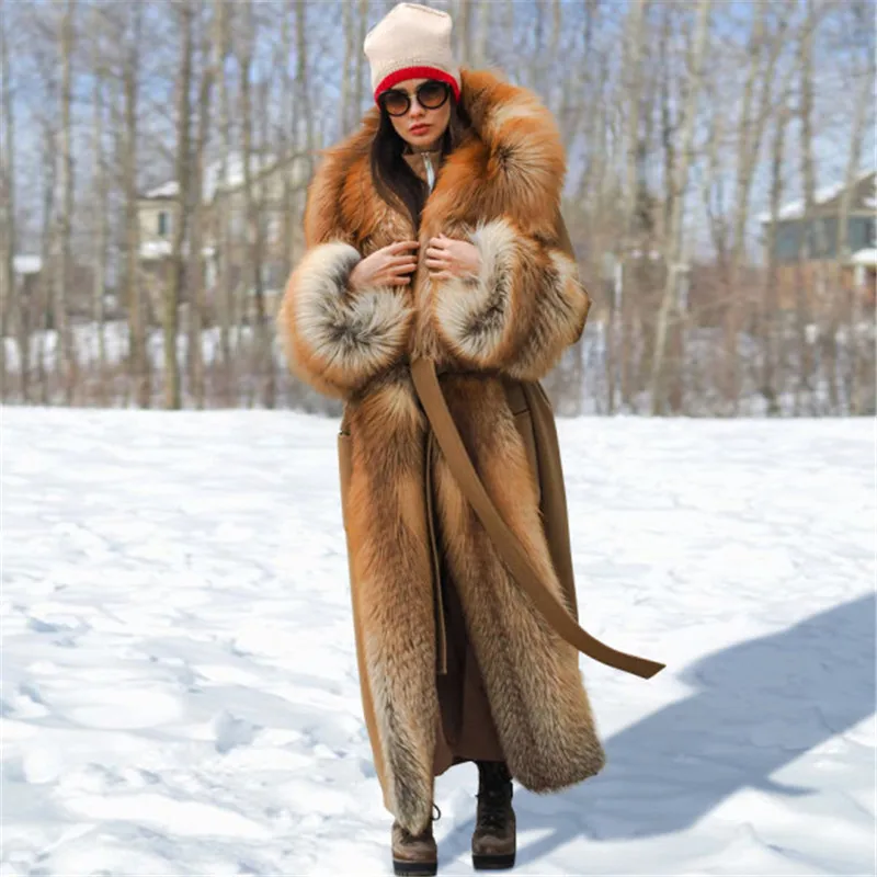 Winter Fashion Cashere Coat With Long Fox Fur Collar High Street Woman Genuine Fox Fur Wool Blends Coats With Belts Overcoats