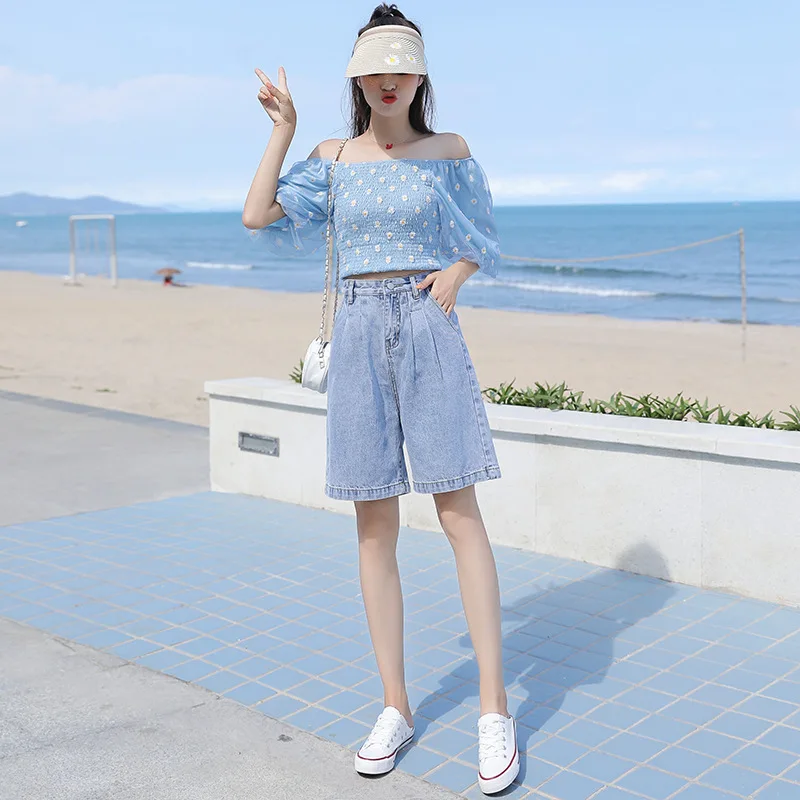 

Woman Shorts Wide Leg Denim Short Pant High Waisd Loos Five Point Jeans Casual BF Korean Style Loose Student Curled Lady Clothes
