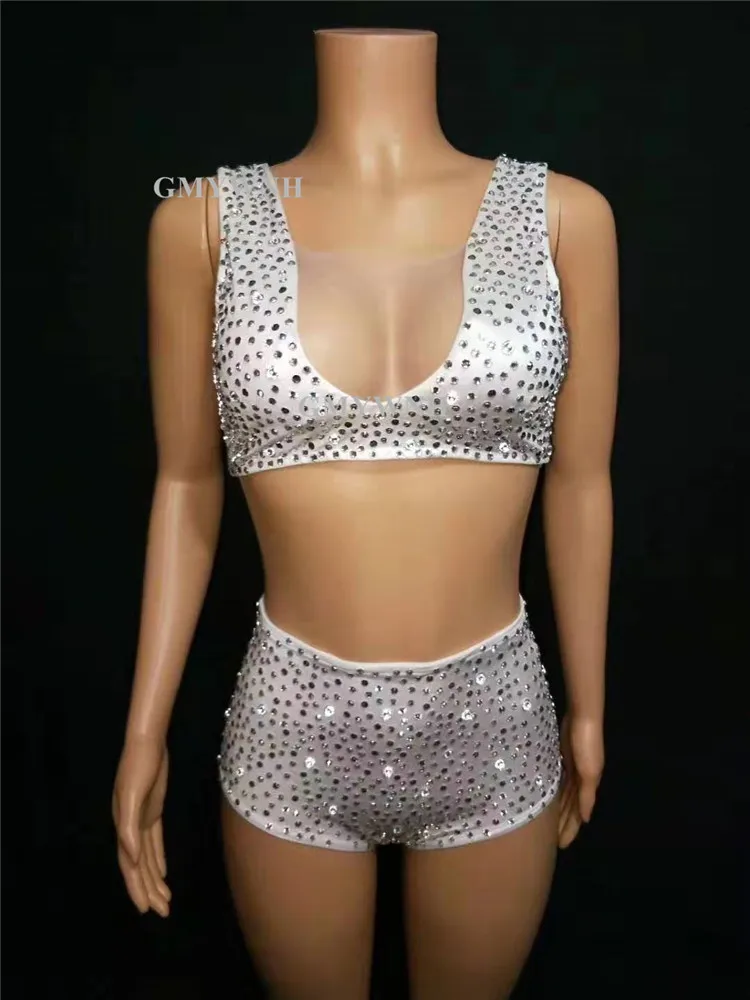 Женское сексуальное боди для танца на шесте A51 белый костюм бикини с кристаллами