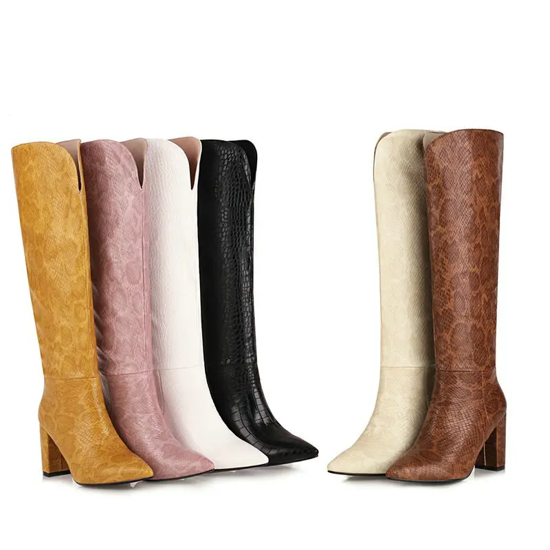 

Nice Pop Women Boots Fashion Slip On Knee High Boots PU Leather Sqaure High Heel Boots Ladies Pointed Toe Autumn Winter Shoes