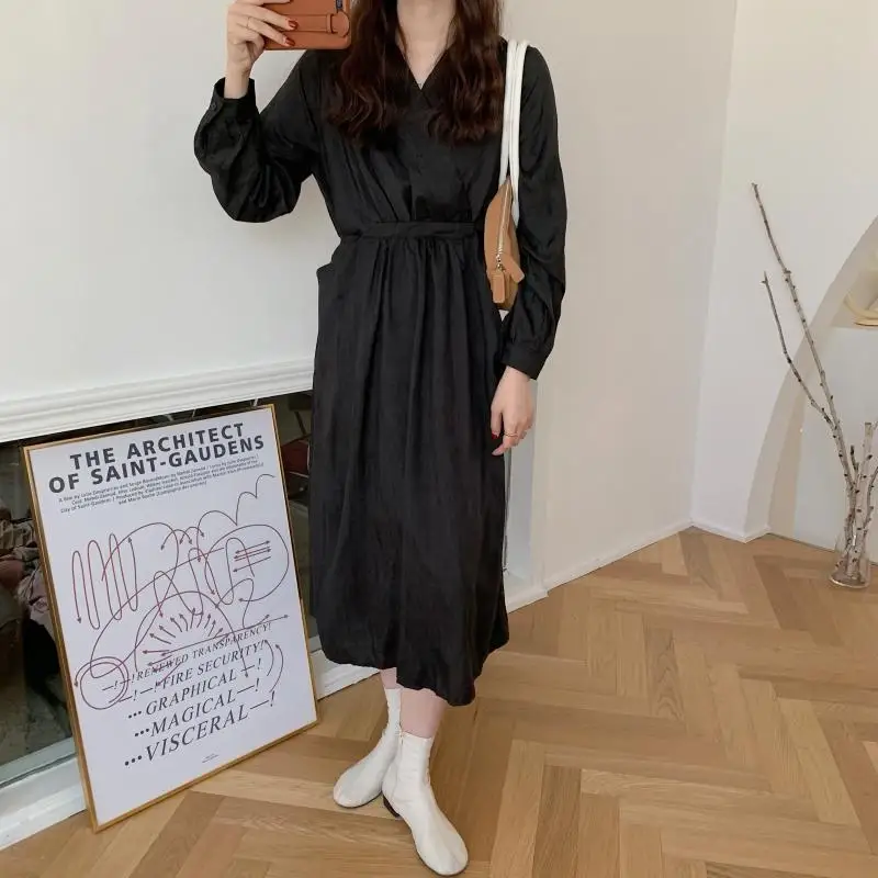 

Alien Kitty 2021 New Women French Retro Pleated Dress V-Neck Solid Long Lazy Style Gentle Elegant Chic Female Fashion Clothe