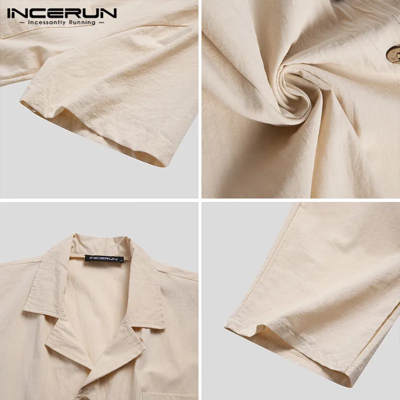 

INCERUN Man Cotton Button Up Homewear Suits Mens Solid Pajama Sets Short Sleeve Lapel Tops Drawstring Pants 2 Pieces Plus Size