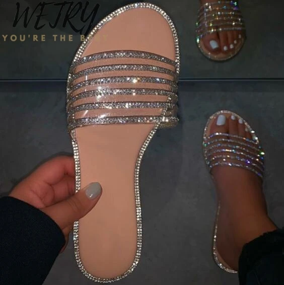 

Spring/summer new women 2020 rhinestone flat casual slippers outdoor wild sandals home durable PVC beach flip flop lady ms