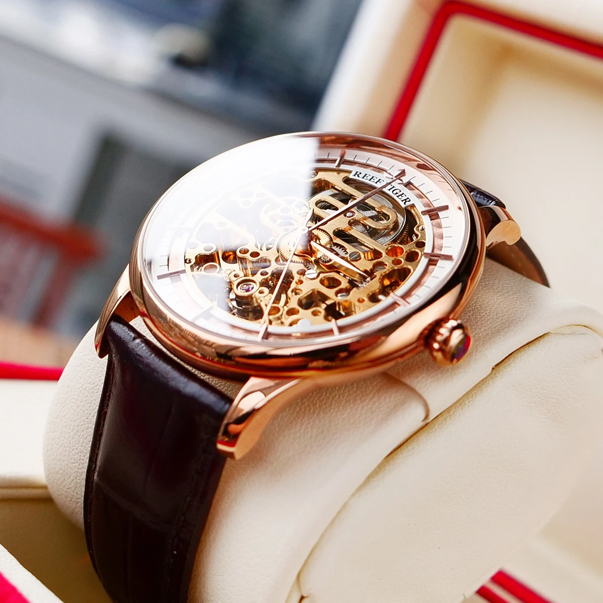 Риф Тигр/RT Скелет автоматические часы из розового золота коричневый кожаный