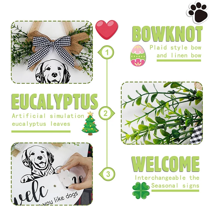Se&ntilde;al de bienvenida de temporada intercambiable, guirnalda de puerta de madera con lazo para mascotas, colgador de pared, porche, decoraci&oacute;n navide&ntilde;a y festiva-3