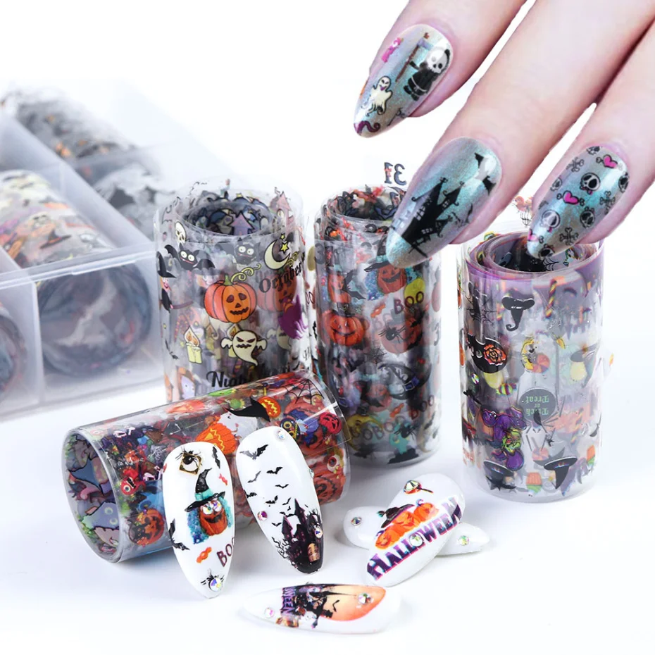 10 шт./компл. Хэллоуин голографический лак для ногтей Фольга кости летучая мышь в