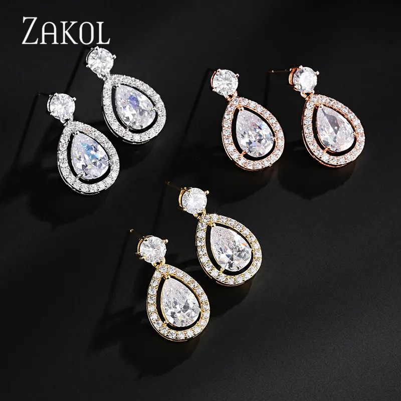 Длинные серьги в виде капель из белого/розового/желтого золота от ZAKOL, женские серьги-капельки с прозрачным кристаллом для ногтей, ослепительный свадебный подарок FSEP2263