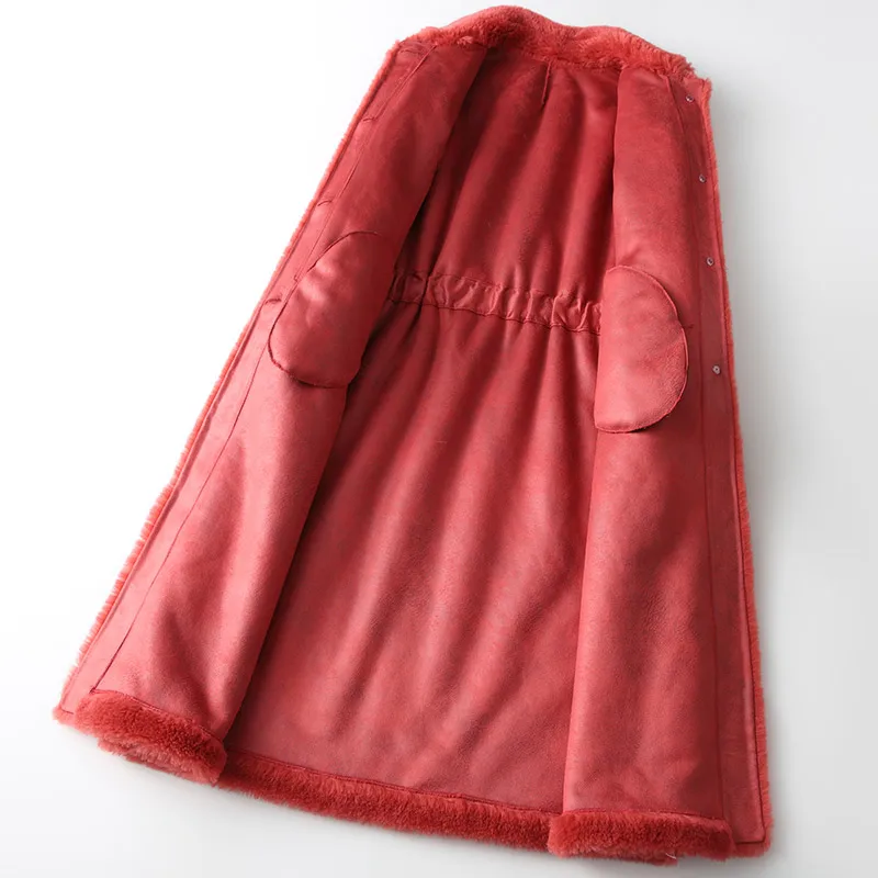 Женское пальто из натурального меха розовое 100% шерсти с овчиной в Корейском