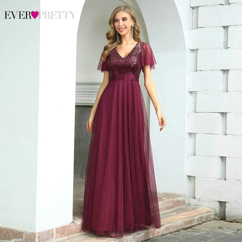 

Burgundy Formal Dresses Ever Pretty EP00542 Elegant A Line V Neck Ruffles Sleeves Sequined Long Evening Dress Vestidos De Noche