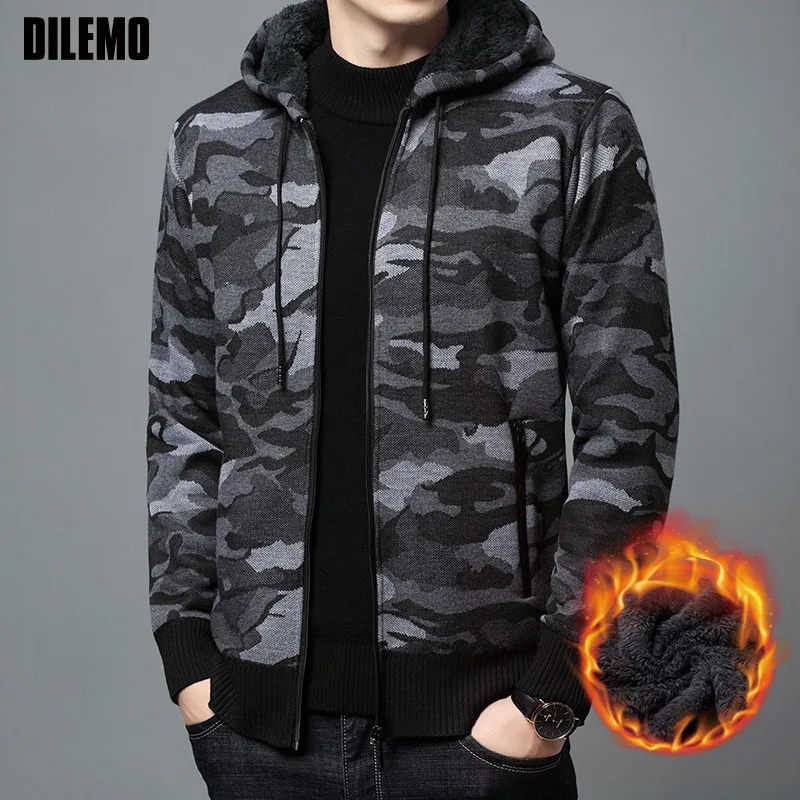 

Top Grade New Brand Fashion Casual Jacket Men Thick Velvet Hooded Camouflage Korean Classic Cardigan Coats Men Clothes