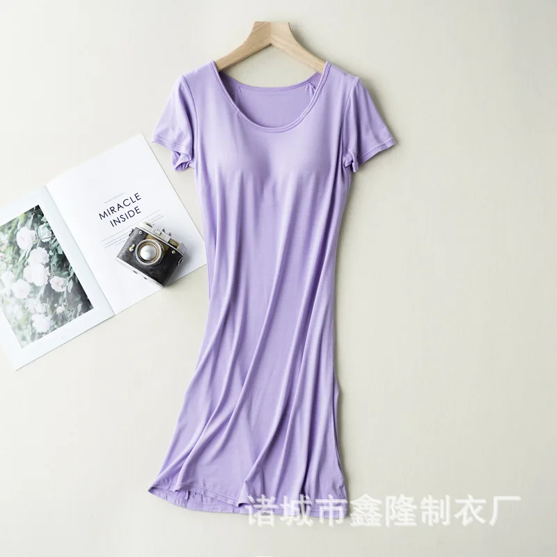 Spring and Summer Modal Short Sleeve Nightdress with Breast Pad No Bra Thin Large Home Dress Women's Home Wear Sexy Nightgown