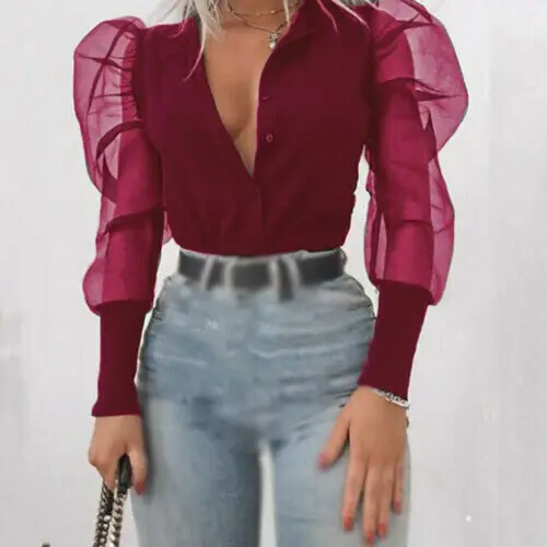 Women Sexy Long Sleeve Transparent Shirt Casual Blouse Mesh Sheer Tops Autumn Clothes V neck Blouses | Женская одежда