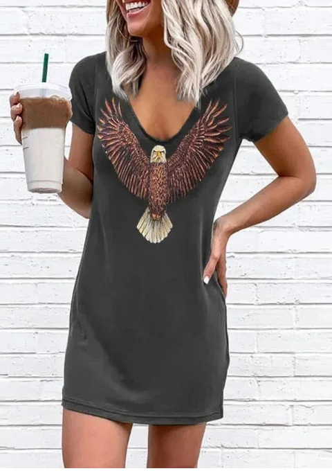 

Women Loose Dress Short Sleeve Fashion Eagle Print Party New Summer Vintage V-Neck Mini Dress Casual Lady Dress Vestidos