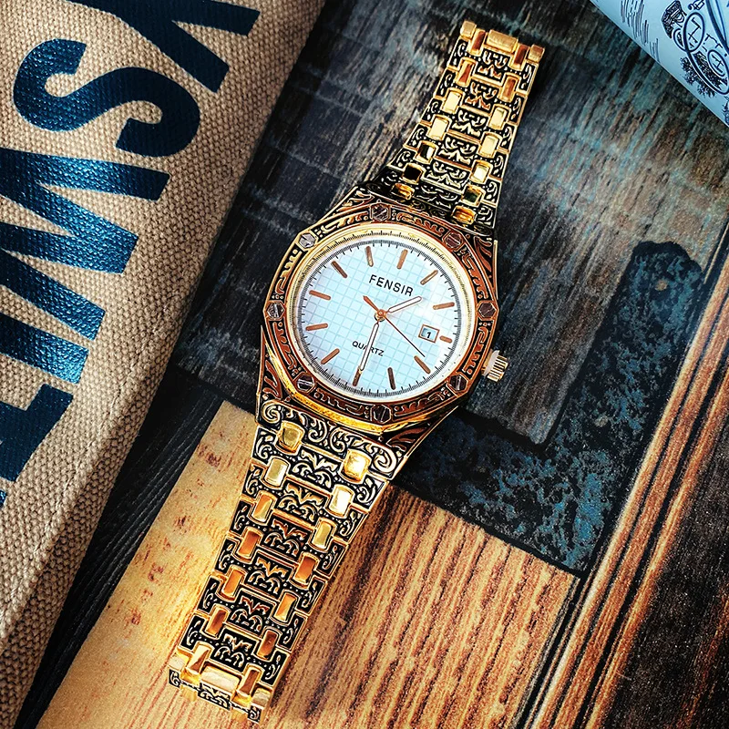 

FENSIR Vintage Carved Men Waterproof Original Steel Band Wristwatch Fashion Classic Designer Luxury Brand Golden Mens Watch