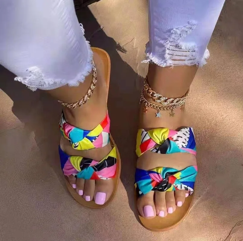 

Slippers Women 2022 Summer New Large Size Women's Shoes Camouflage Candy Color Satin Knot Flat Casual Sandals and Slippers Women