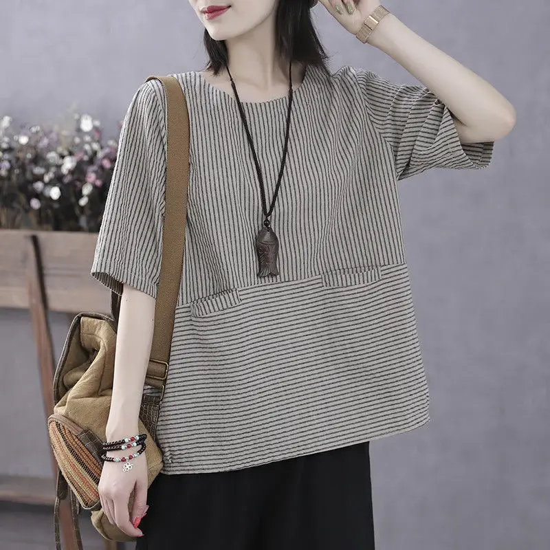 

Retro art summer thin cotton vertical stripe t-shirt women's short sleeve loose casual large size women's cotton t-top women's