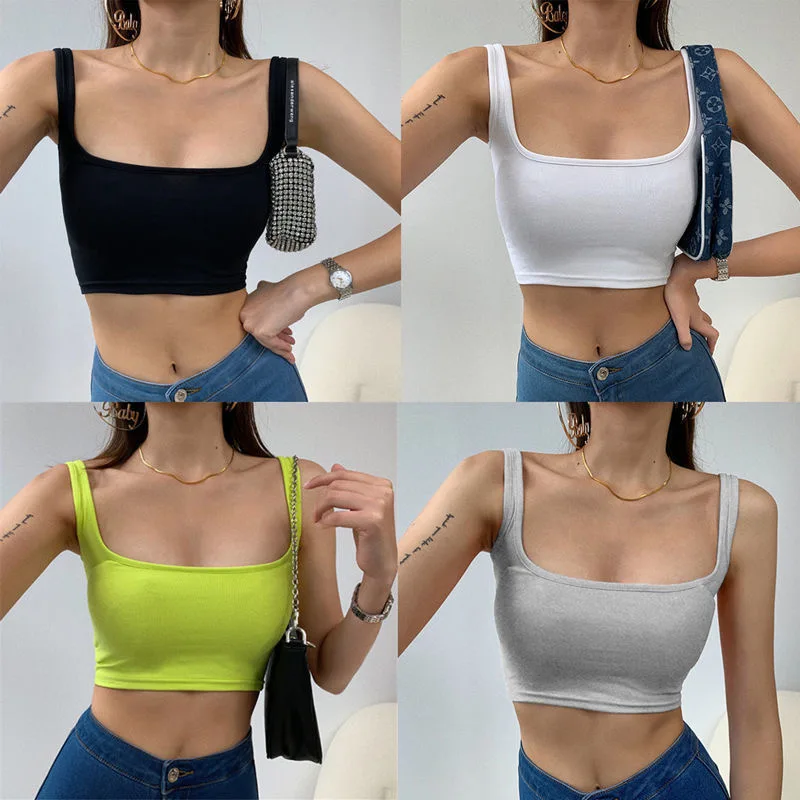 

2021 Sexy Fluorescent Green Pink Spaghtetti Strap Crop Tops Summer Solid Slash Neck top Women Neon Streetwear Mujer