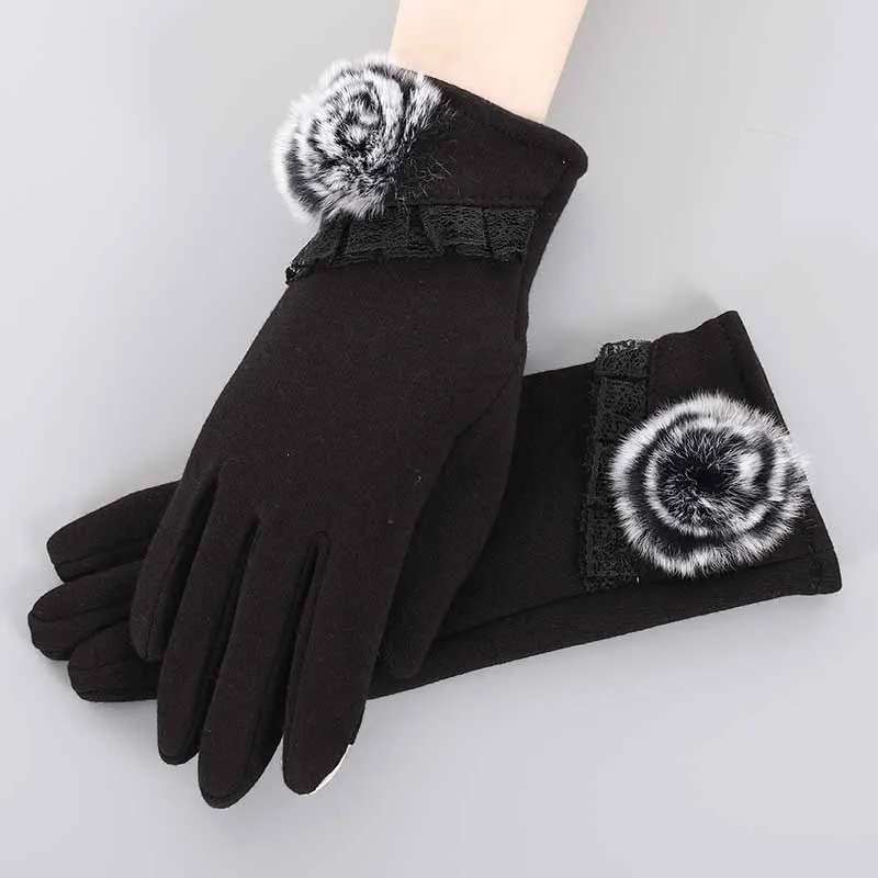 Lace Black--Velvet Зимние женские перчатки, ручные варежки для женщин, шерстяные женские вязаные кашемировые наручные перчатки Luva, перчатки для вождения автомобиля, перчатки для сенсорного экрана - Цвет: Lace Black--Velvet