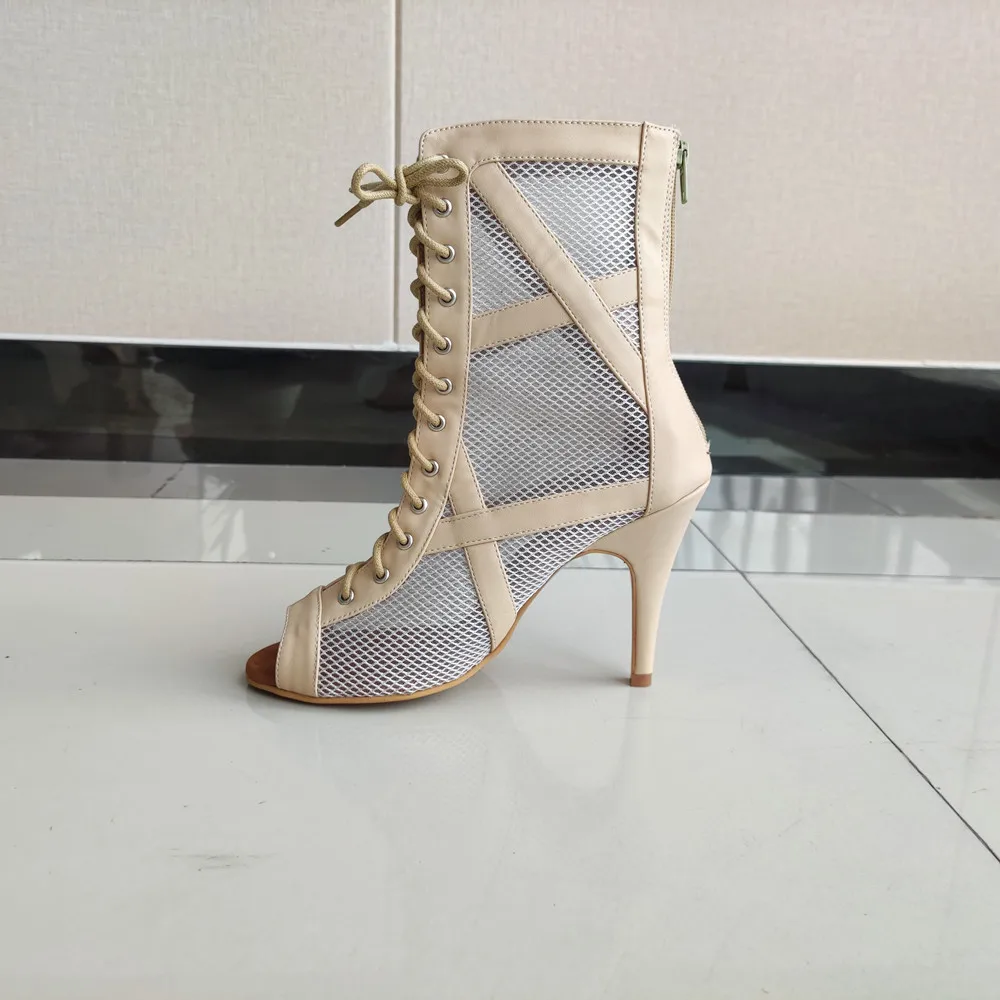 

Khaki Leather With Mesh Boots Salsa Latin Dance Shoes Open Toe Professional For Women Size US 4-12 Heel Height 10cm