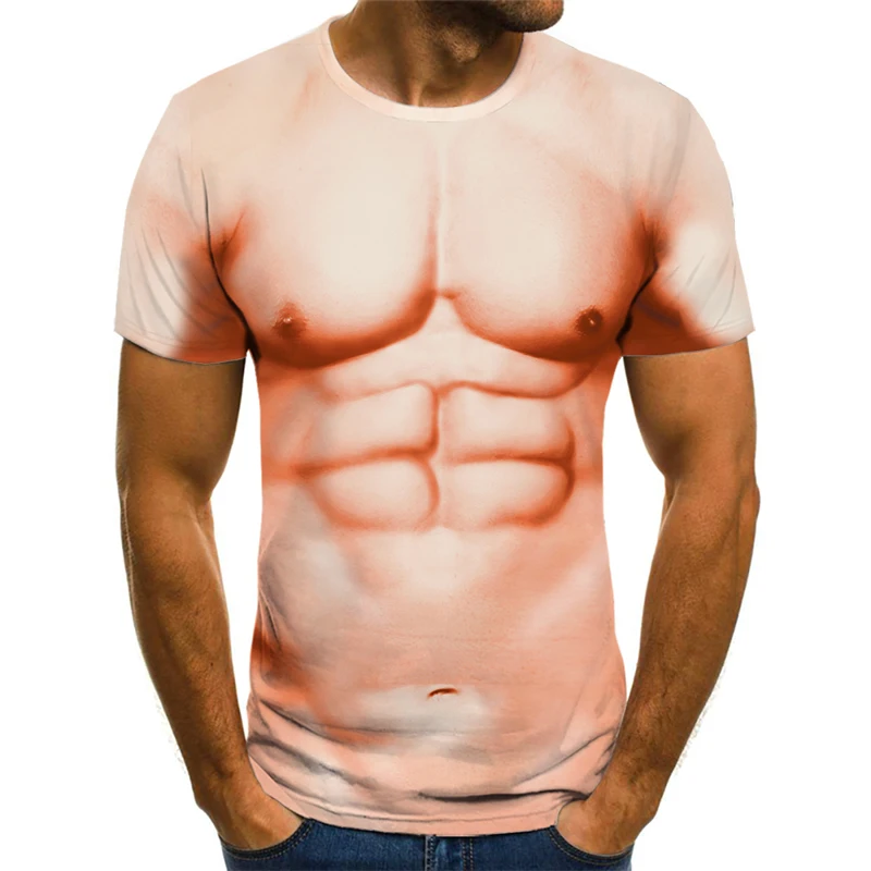 

Summer 2021 Children's Short Sleeve Harajuku 3D Printing Fun Pattern T-shirt Chest Tattoo Skin Muscles on Mens