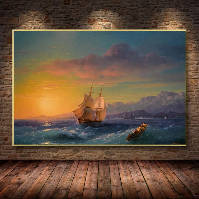 

Modern Large Size Canvas Painting Ivan Aivazovsky Ship At Sunset Off Cap Martin Artwork Poster Picture Wall Decor Home Decor