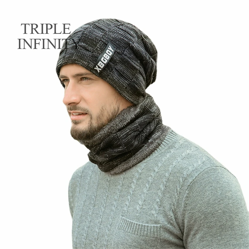 Зимняя мужская шапка и шарф TRIPLE INFINITY в комплекте, однотонная теплая дышащая Толстая искусственная защита от холода для мужчин - изображение