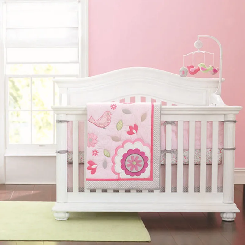 

7pcs Embroidery flower kids 100% cotton baby crib bedding set cot bedding, Cot Bumpers (4bumpers+duvet+bed cover+bed skirt)