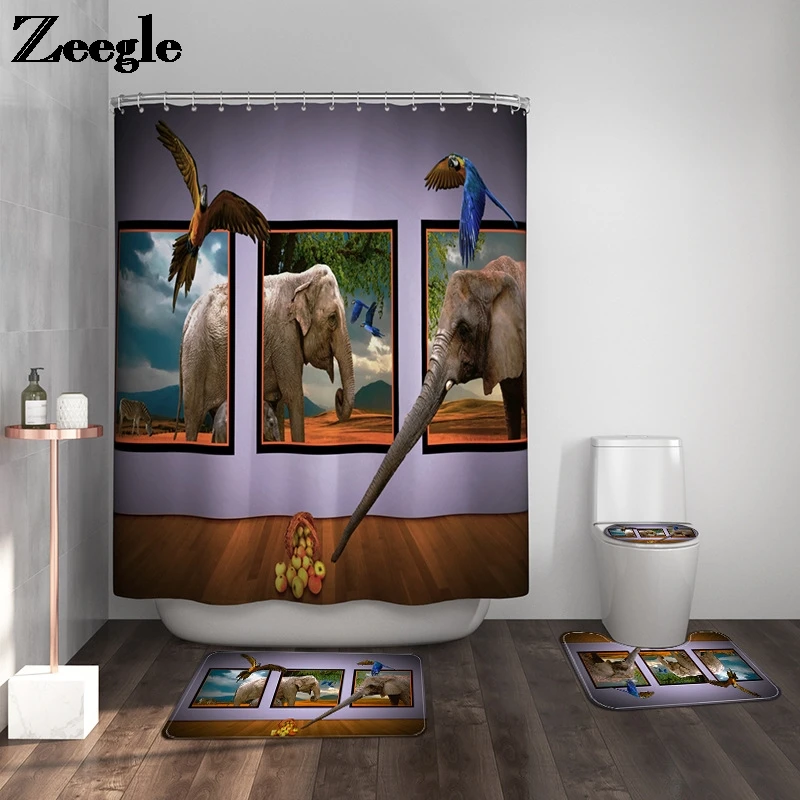 

Printing Bath Mat Set Waterproof Shower Curtain Modern Style Bathroom Floor Mat Non-slip Foot Mat and Bath Mat Set