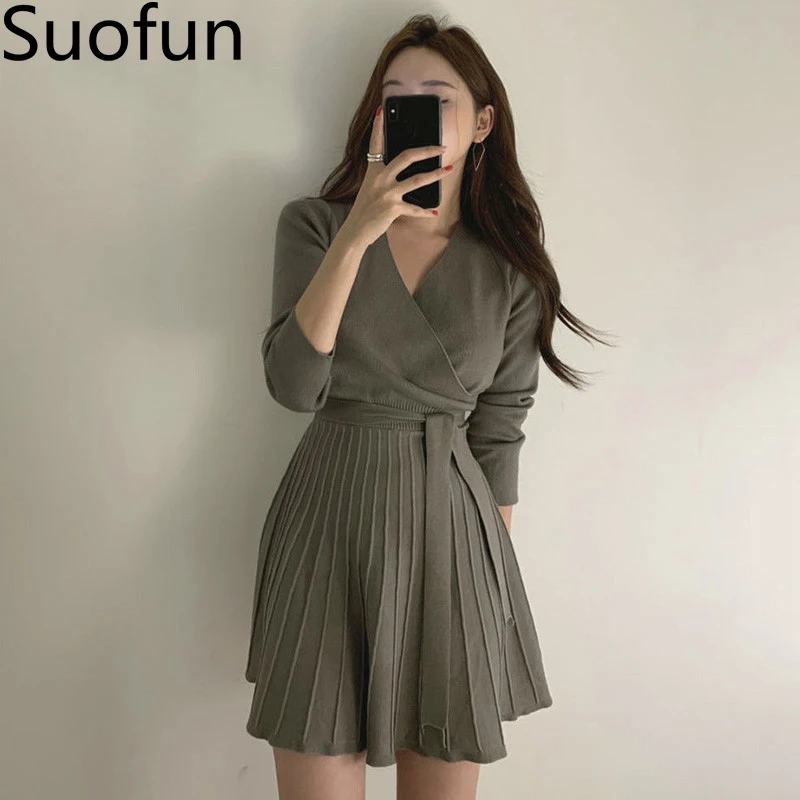 

Suofun Casual Long Sleeve V-Neck Casual A-Line 2021 New Fashion New Women's Spring Autumn Praty Dress School Women Sweater Dress