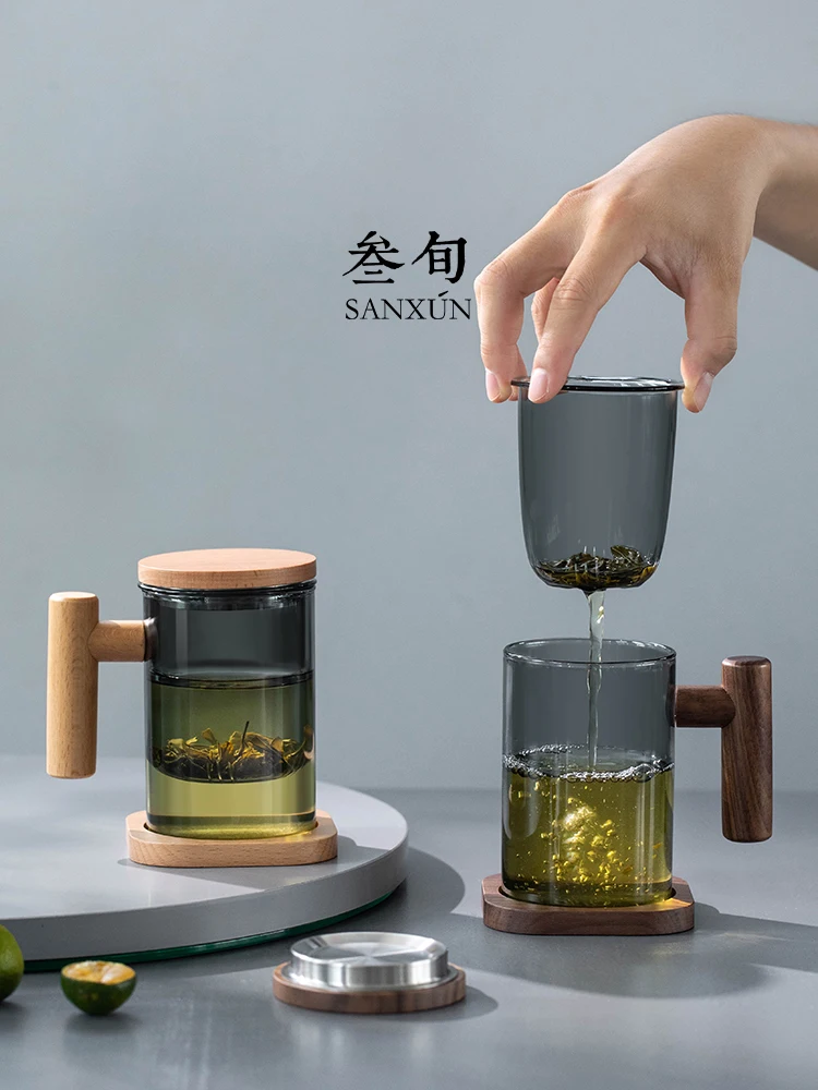 Three-cup glass tea cup tea and water separating cup large capacity office flower tea cup for men and women