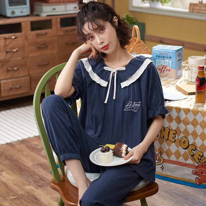 

Размера плюс, 3 XL, 4XL, 2021, летняя Хлопковая женская пижама, Свободный Топ с коротким рукавом и штаны для отдыха, женская одежда для сна, домашня...