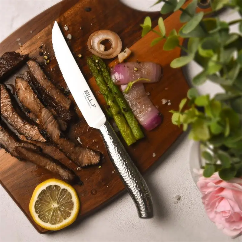 

Steak Knives Silver Dinner Knife Serrated Blade Table Knifes Stainless steel Silverware Hammered Handle Food Cutlery 4-10pcs
