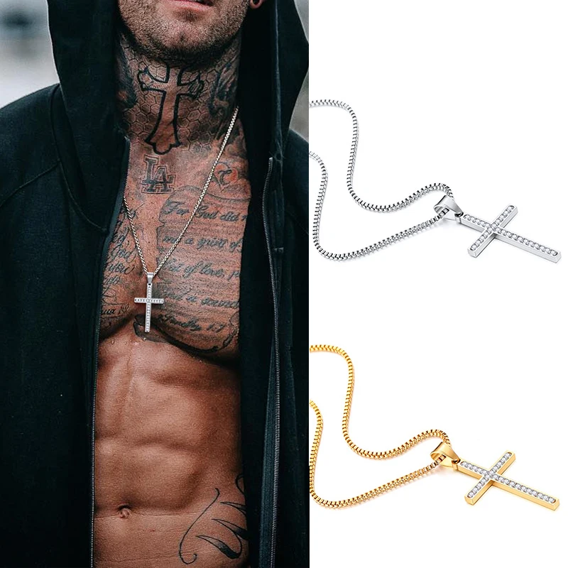 

Men Large Ice Out Cross CZ Stone Pendant fot Men Stainless Steel Hip Hop Necklace