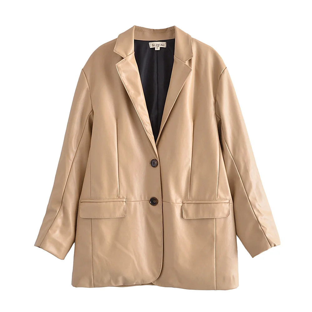 

Женский свободный Блейзер za, винтажный жакет из искусственной кожи с длинными рукавами, карманами и разрезом сзади, осенняя верхняя одежда, ...