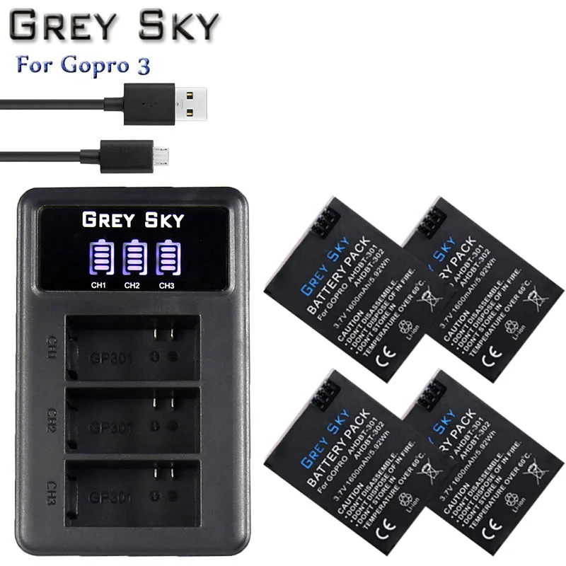 4 шт 1600mAh Hero 3 Gopro Hero3 Замена батареи+ светодиодный двойной USB зарядное устройство для GoPro Go pro Hero 3 3+ камеры