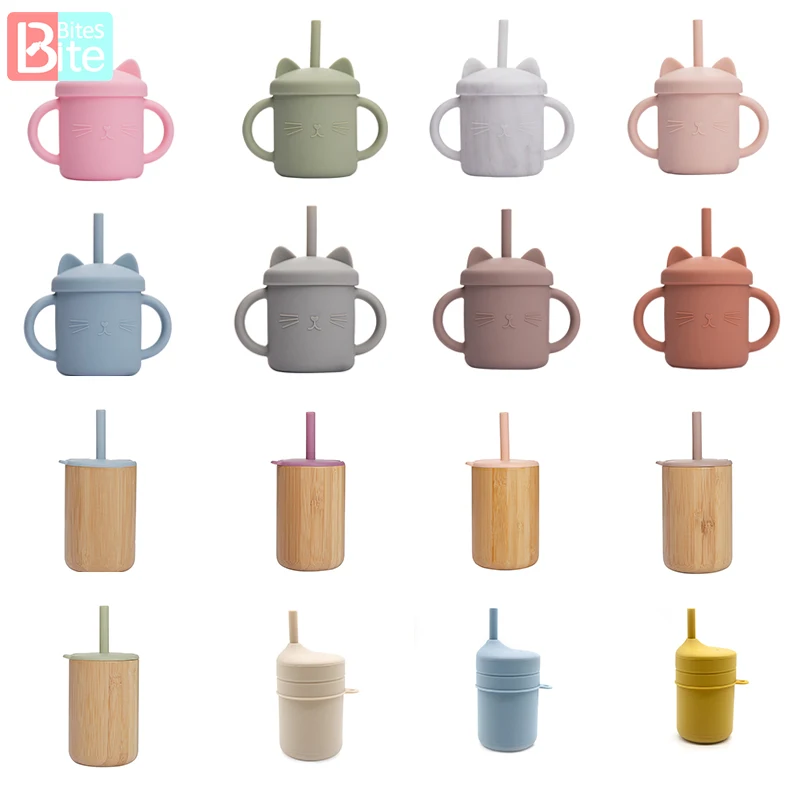 Bite Bites 1PCS Baby Feeding Cup Silicone Drink Cat Sippy Cup Bamboo Wood Children Sippy Cup Lid Solid Drinker With Handle