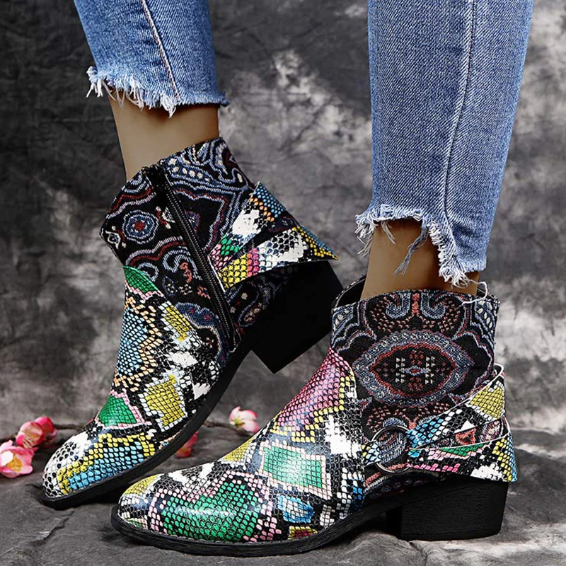 Winter Boots For Women ankle boots popular Retro Green snake pattern mixed colors flat wedge shoes Casual Rubber boots socofy