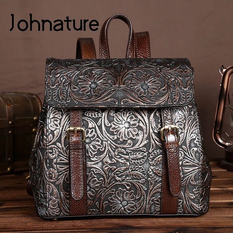 Женский рюкзак ручной работы Johnature из натуральной воловьей кожи в стиле ретро