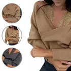 Простой вязаный свитер с открытыми плечами, осенне-зимний свитер с V-образным вырезом для повседневной жизни