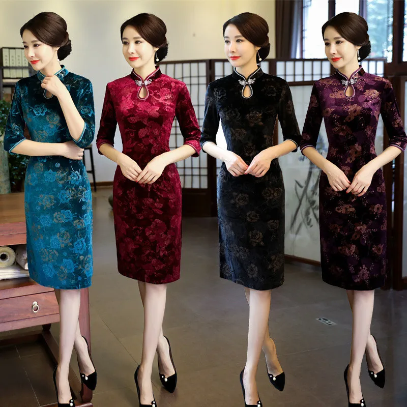Cheongsam 2017 велюровое платье Ципао с принтом винтажное модное улучшенное осеннее