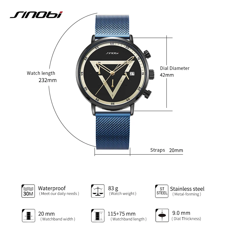 

SINOBI Creative Design Man Triangle Chronograph Watch Fashion Sports Men's Multifunction Quartz Wristwatches relogio masculino