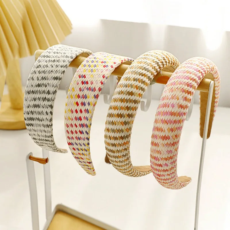 

2021 New Bohemian Hairband Summer Straw Weaving Colorful Headband Sponge Headwear Handmade Hair Hoop Hairband Hair Accessories