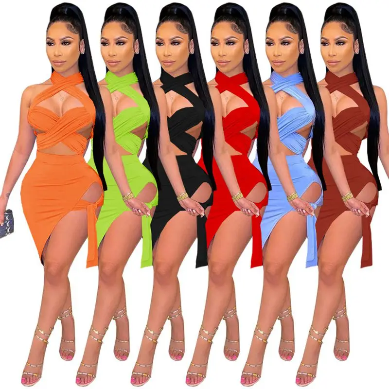 

ZKYZWX Elegant Bandage Two Piece Set Vacation Outfits Crop Top and Mini Skirt Party Dress Matching Sets for Women Summer Clothes