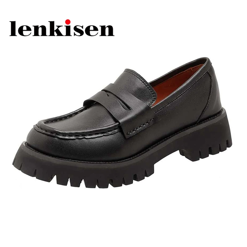 

Lenkisen full grain leather round toe med heel loafers preppy style concise solid deep mouth slip on large size women pumps L51