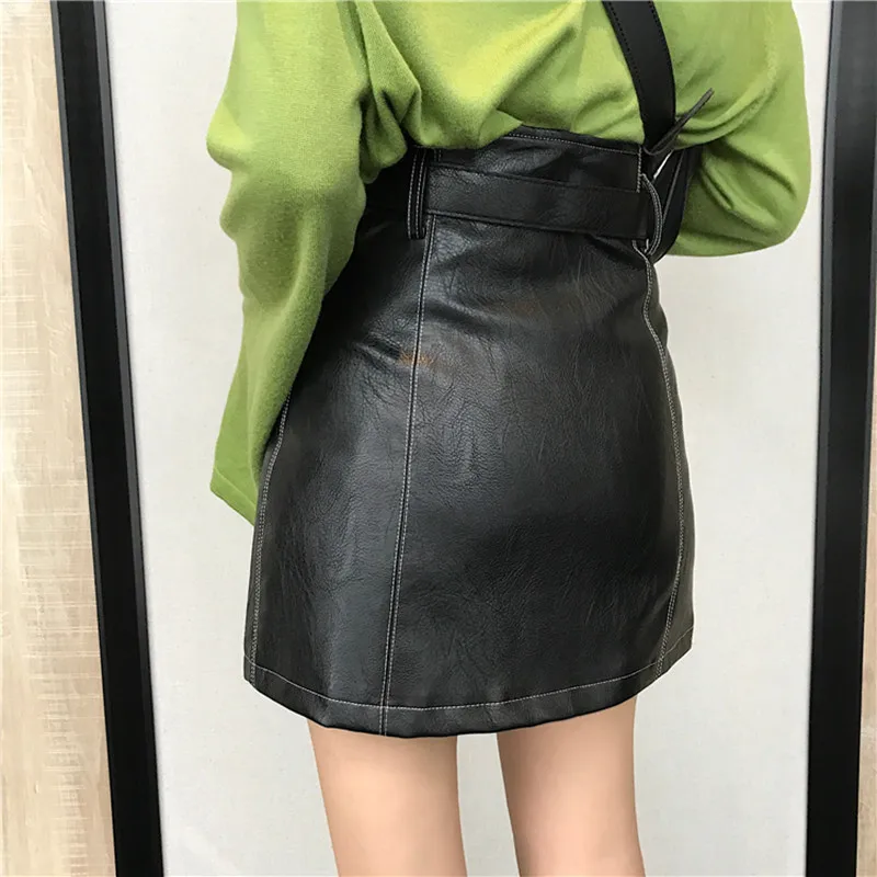 Осенняя Корейская черная кожаная юбка Женская Harajuku на молнии уличная трапециевидная Нижняя мини юбки Готическая Высокая талия с поясом Юбка warp
