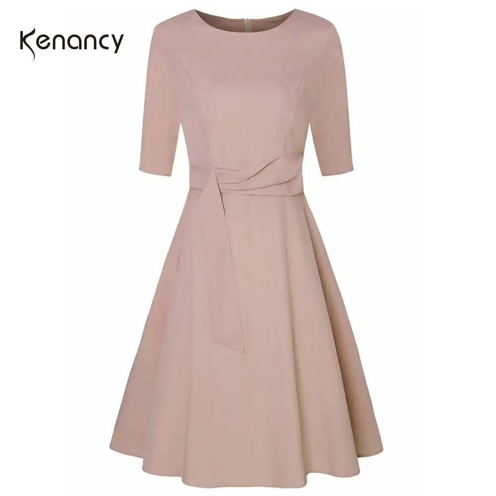 Однотонное женское офисное платье Kenancy винтажное Хлопковое с круглым вырезом