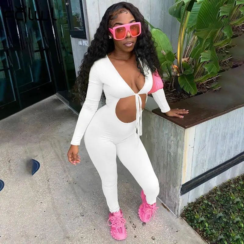 

FQLWL Клубная одежда, черные сексуальные комбинезоны, Женский Цельный Наряд, бандажный белый комбинезон с длинным рукавом, Облегающий комбине...