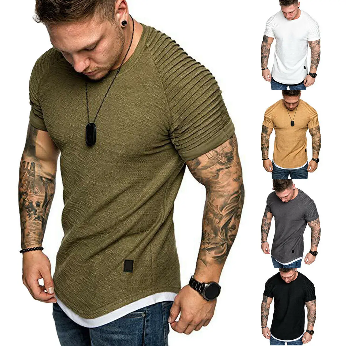 

Men's T-Shirts Solid Color Pleated Wrinkled Slim Fit O Neck Short Sleeve Muscle Solid Casual Tops Shirts Summer Basic Tee 2021
