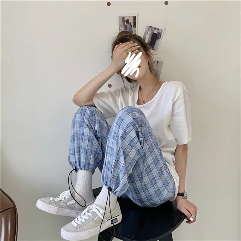 

Female High Waist Blue Plaid Straight Trousers Fashion Checkered Harajuku Loose Elastic Jogger Pants Summer Sweet Wide Leg Pants