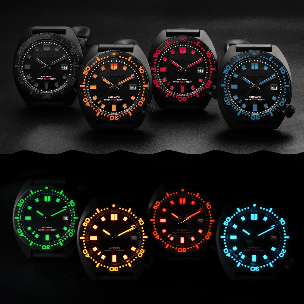 San Martin Men Diver Colorful Super Luminous NH35 Automatic Mechanical Black Warrior 6105 Turtle 20Bar SapphireCrystal Watches | Наручные